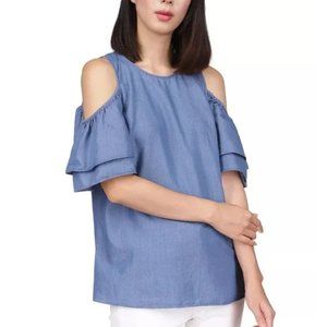 Michael Kors Women's Size S Denim Tiered-Sleeve Cold-Shoulder Top
